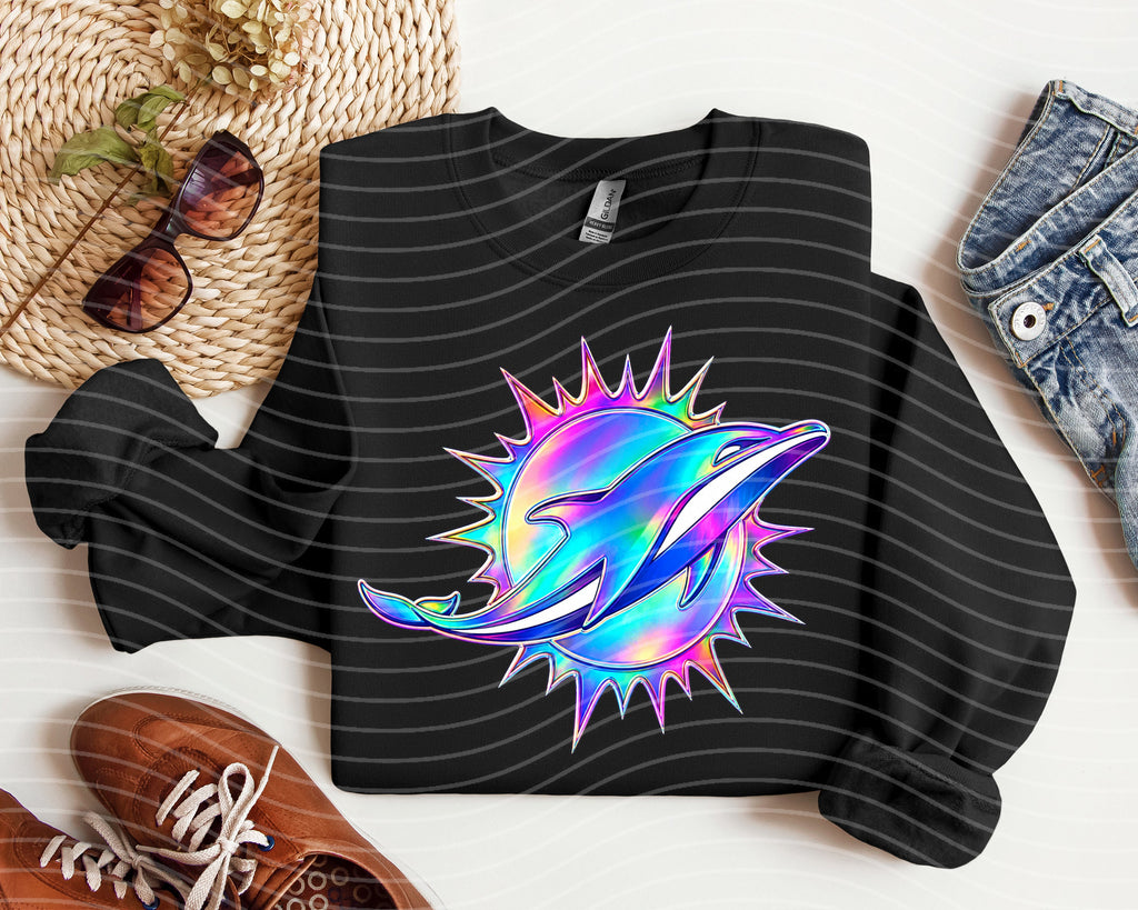 Black crewneck tee with iridescent dolphin burst graphic, short sleeves