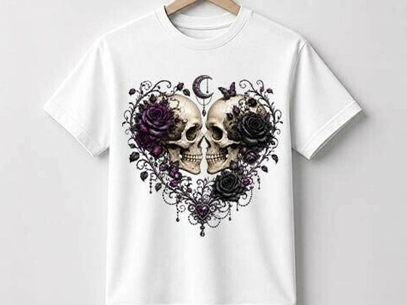 White graphic tee with skulls and roses heart design in black and purple