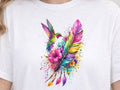 White graphic tee with colorful hummingbird feather floral print