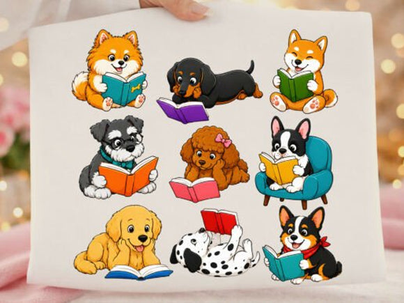 White dog-reading graphic tee with multicolor cartoon pups and books