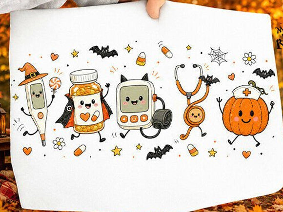 Halloween graphic tee with smiling cat, robot, pumpkin, bats, spiderweb, and medical icons