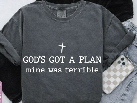 Dark gray T-shirt with white cross and 'GOD'S GOT A PLAN' text