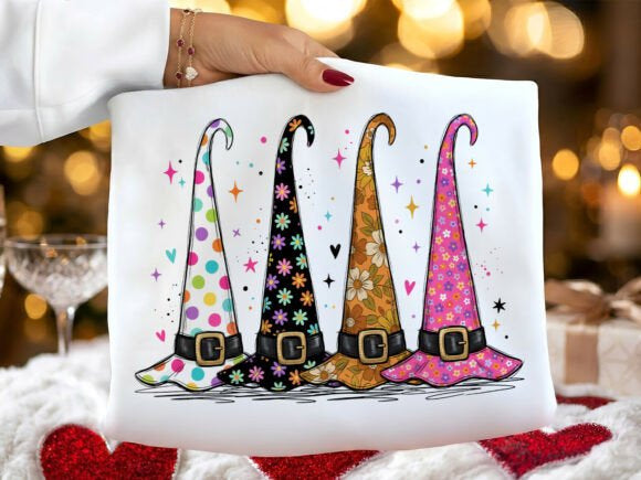White graphic tee with colorful witch hat illustration and stars, hearts, and polka dots