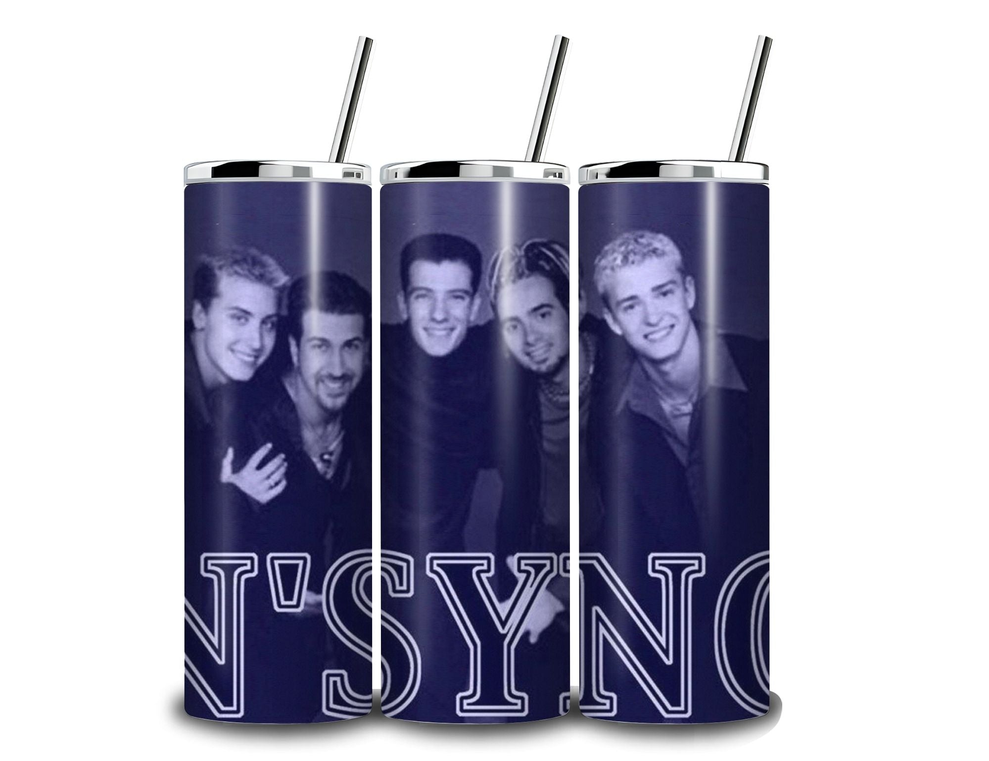 20 oz skinny tumbler set with N'SYNC photo graphic and three straws