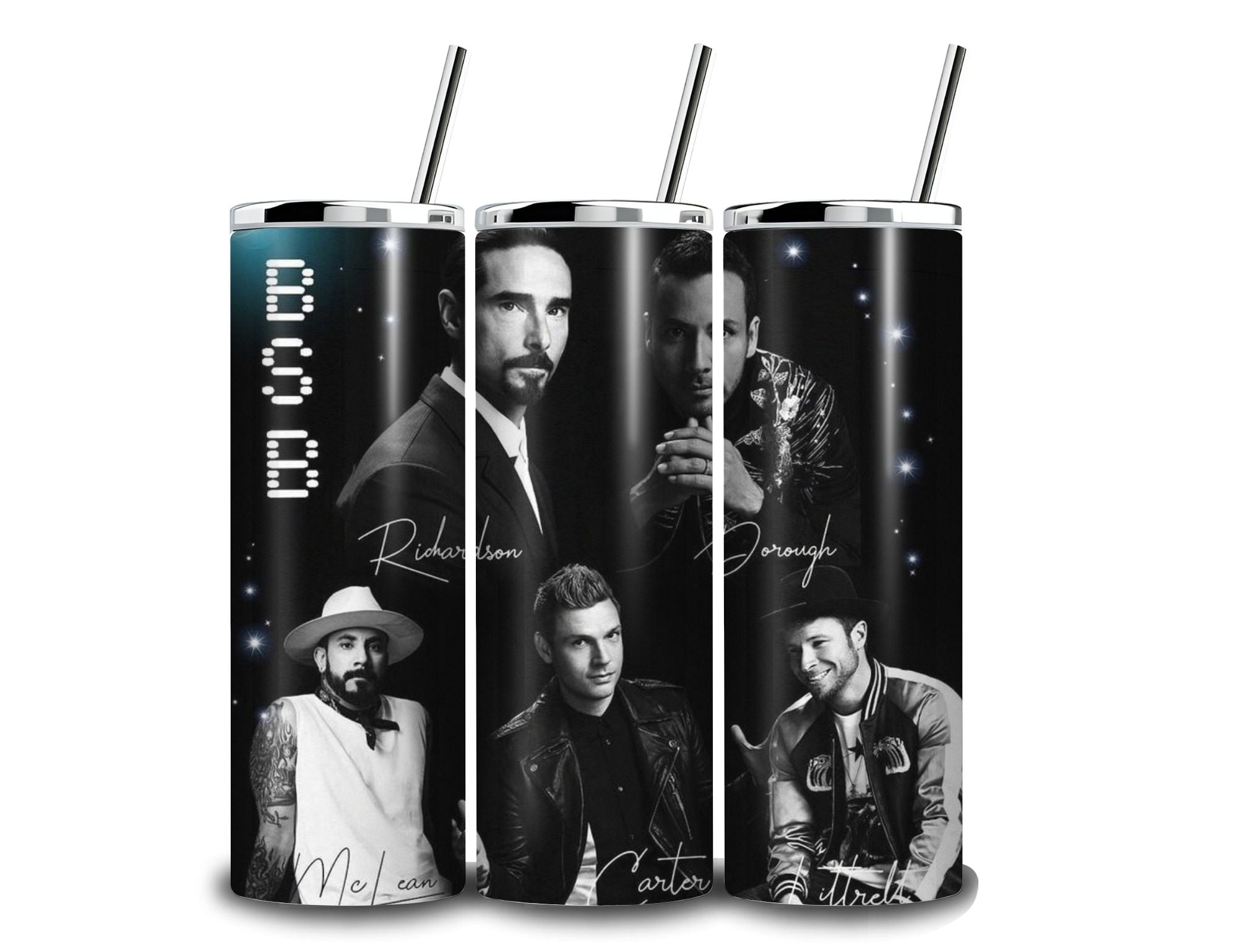 Three black 20 oz skinny tumblers with silver lids and straws