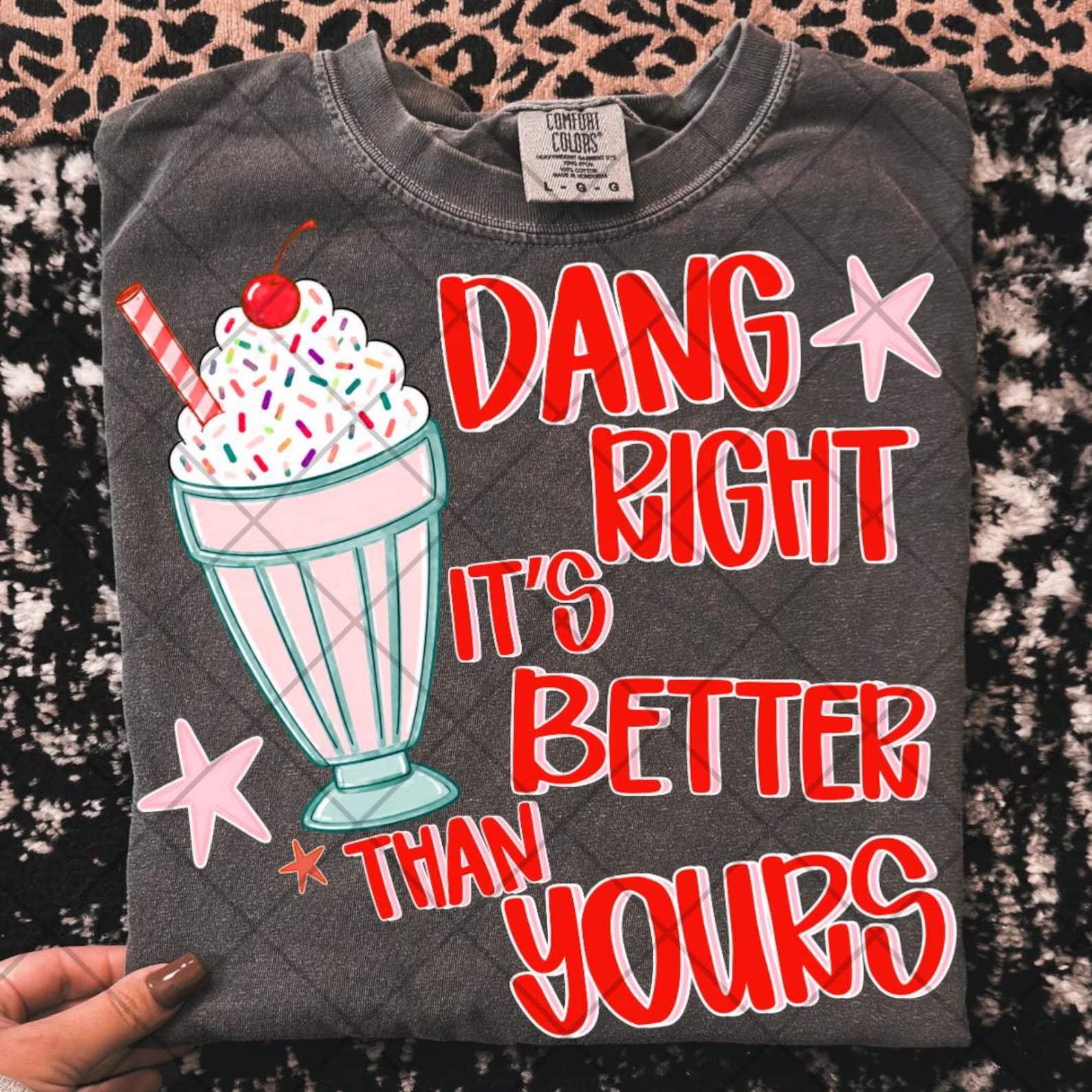 Dark gray graphic tee with colorful ice-cream drink and red text print