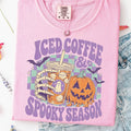 Pink graphic tee with iced coffee & spooky season print