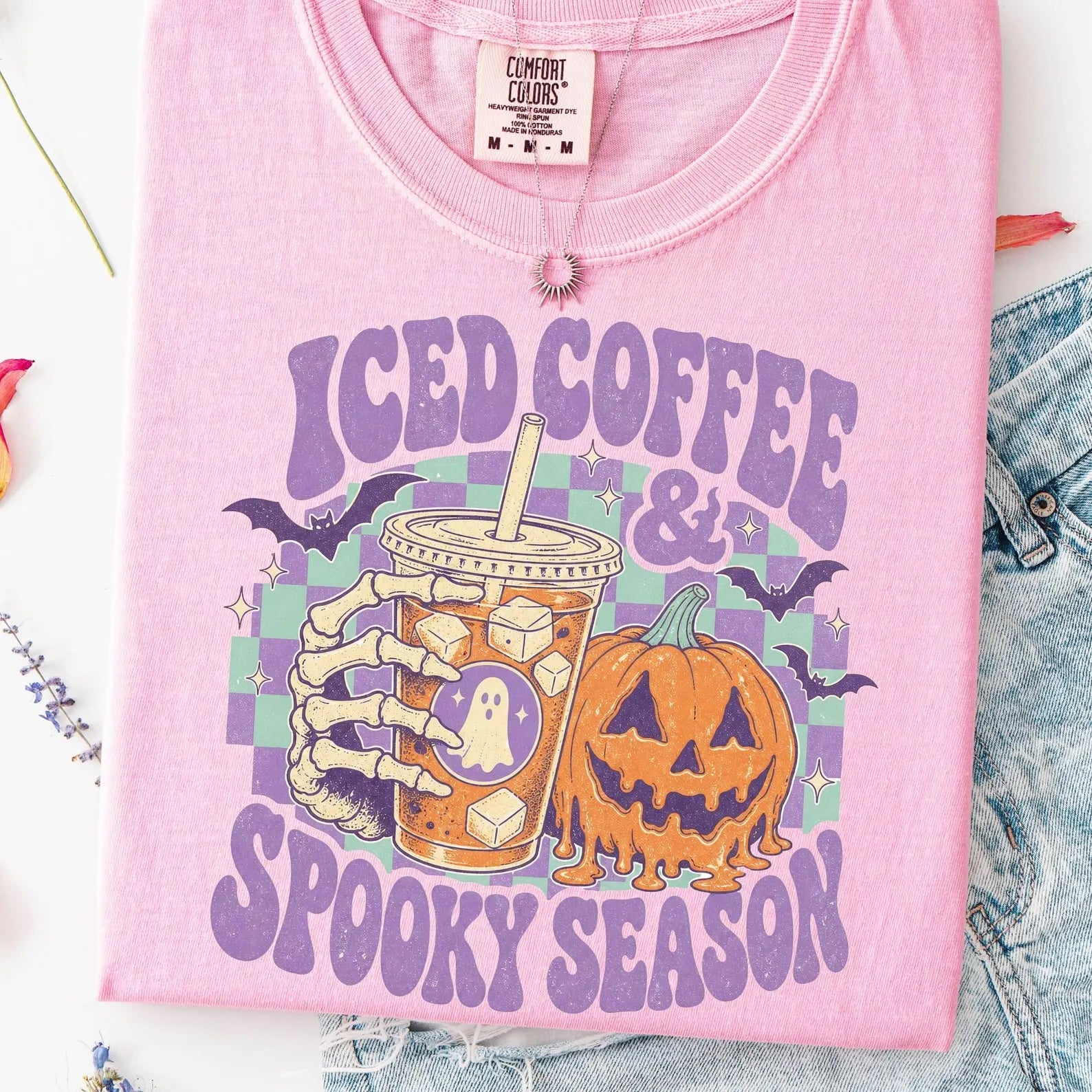 Pink graphic tee with iced coffee & spooky season print