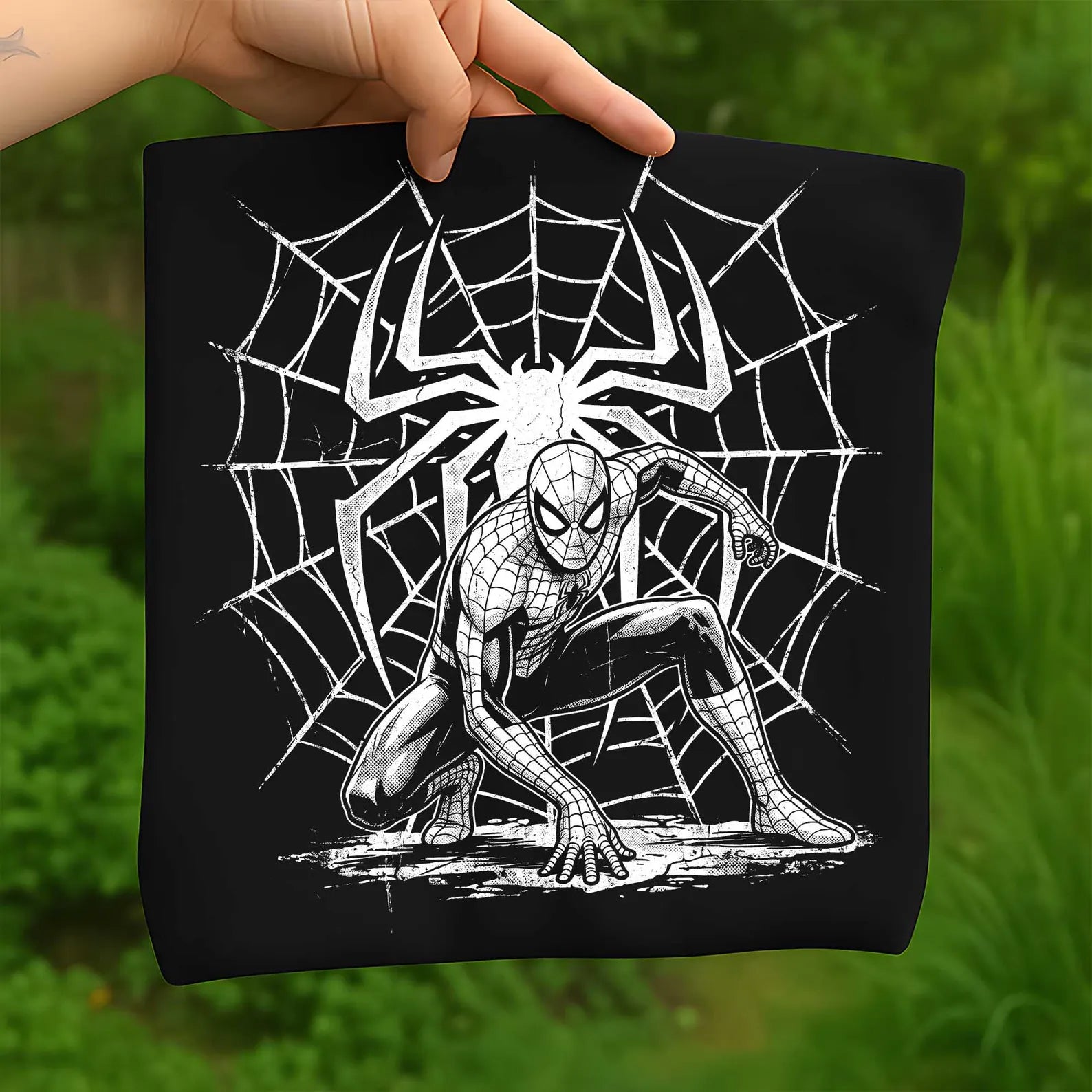 Black graphic tee with Spider-Man sitting in web pattern