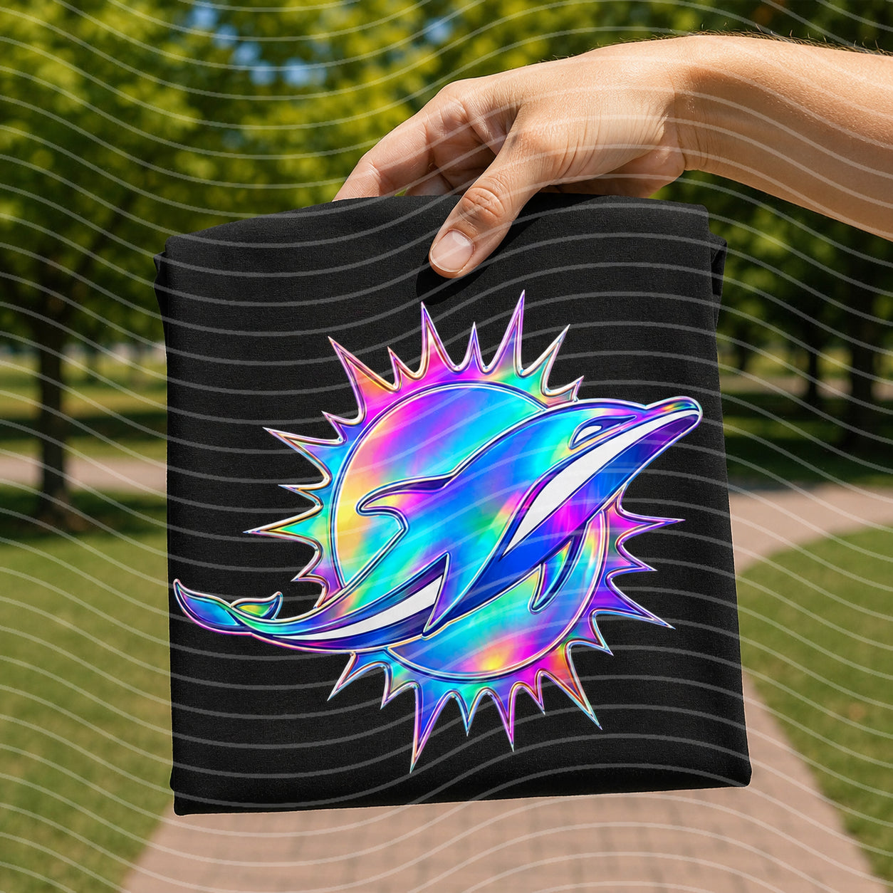 Black iridescent dolphin graphic tee, crew neck, short sleeves with neon splash print