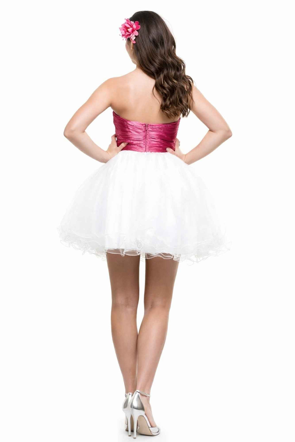 White strapless short tulle dress with hot pink corset-style back panel