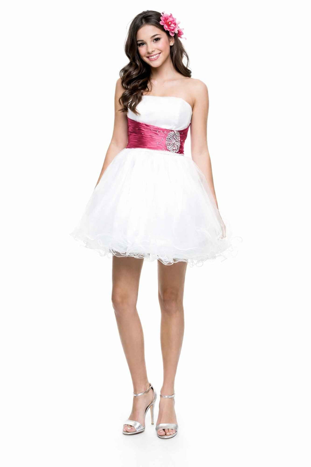 White strapless short tulle dress with hot pink corset-style waist
