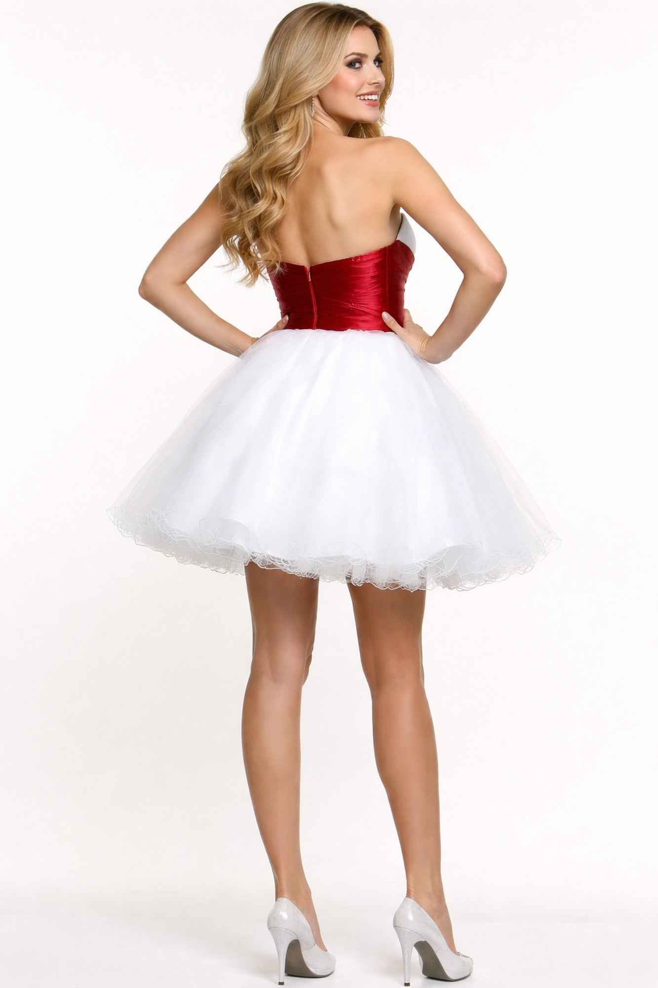 Short strapless tulle dress with white bodice, red fitted waist, and rhinestone detail