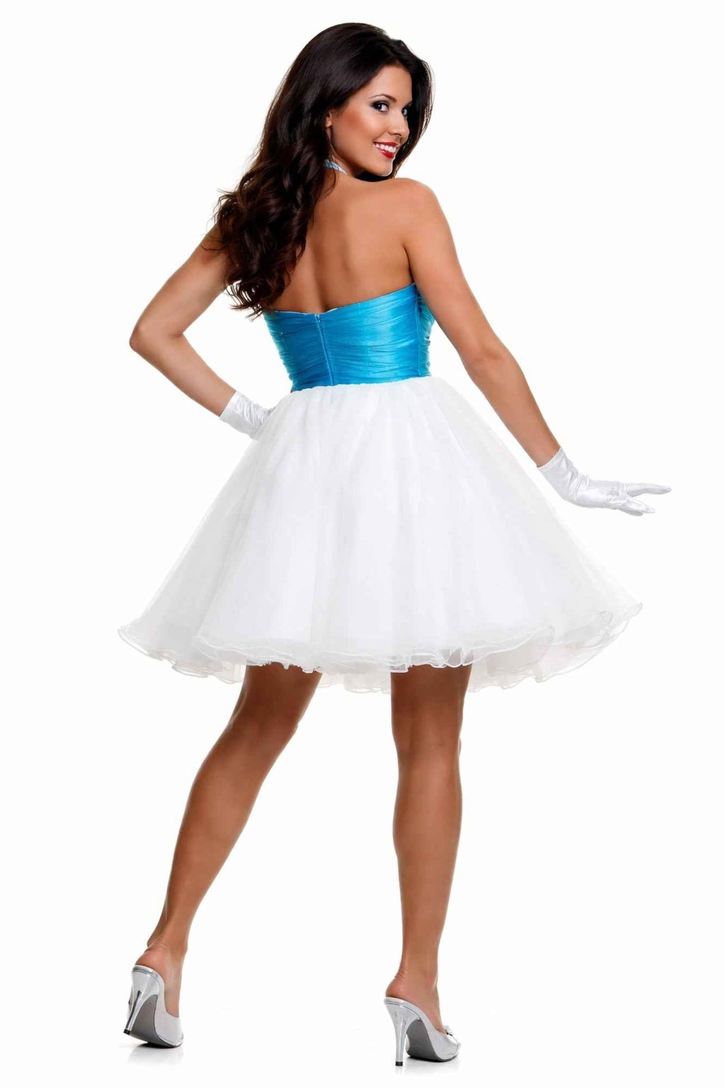 Turquoise ruched bodice and white tulle skirt short formal dress.