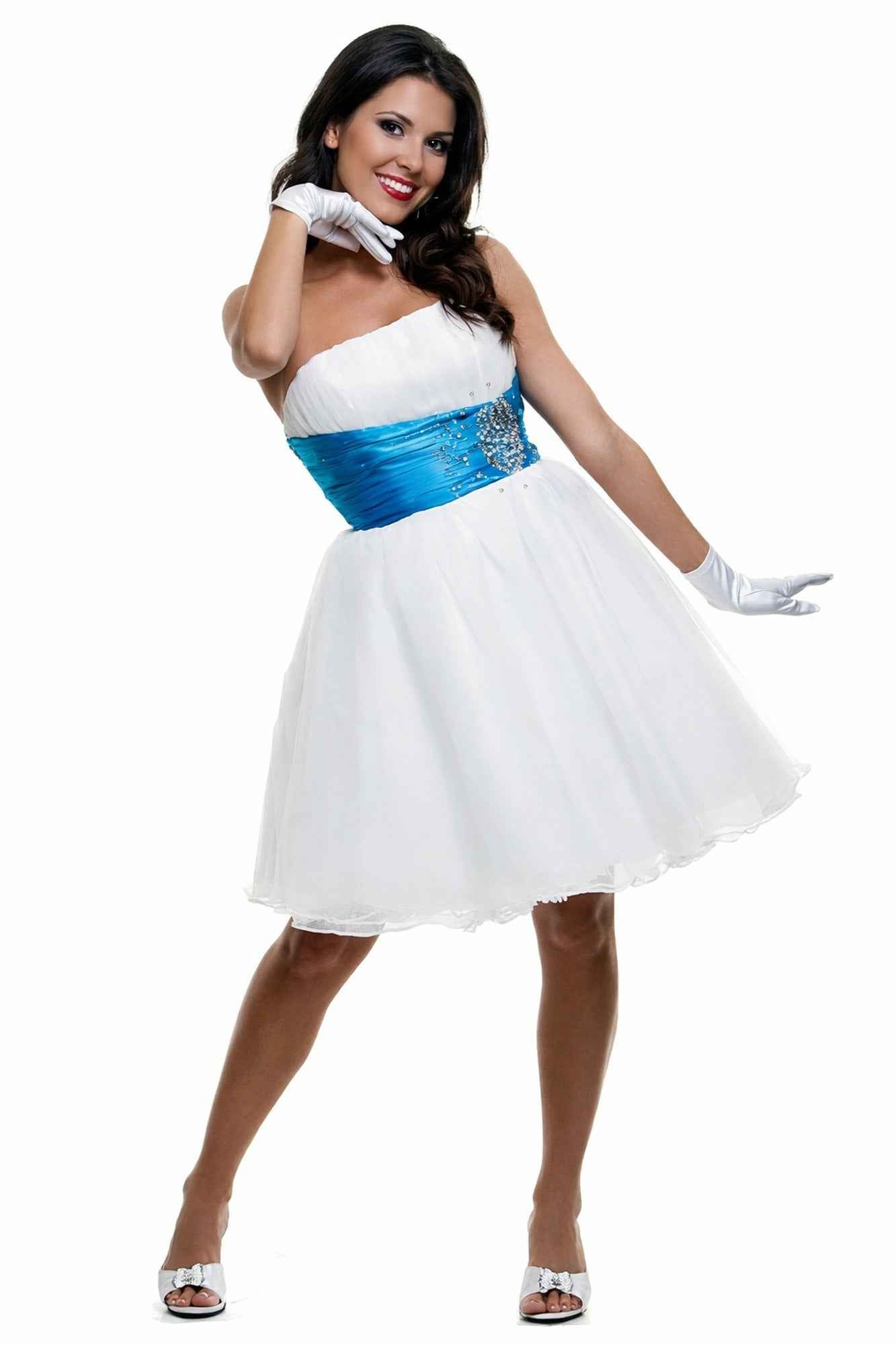 White strapless tulle dress with turquoise ruched waist and rhinestone detail.