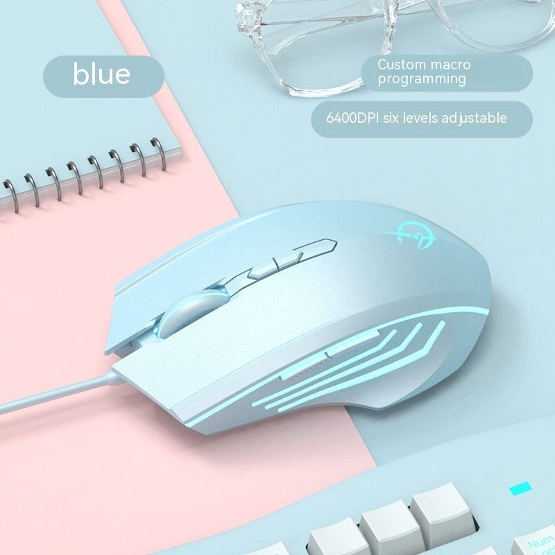 Wired esports gaming mouse in blue with cyan glowing light bars and cable connection.