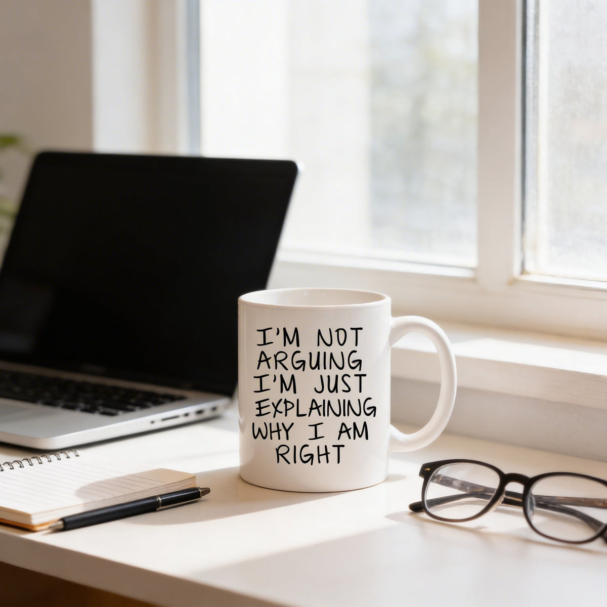 White ceramic coffee mug with black humorous quote on a desk beside glasses