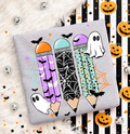 Gray Halloween graphic tee with ghost, bat, spiderweb, and pencil-style print