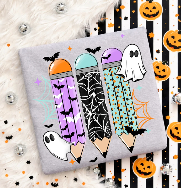 Gray Halloween graphic tee with ghost, bat, spiderweb, and pencil-style print