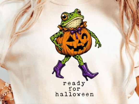 Light beige Halloween graphic tee with cartoon frog on jack-o’-lantern and “ready for halloween”