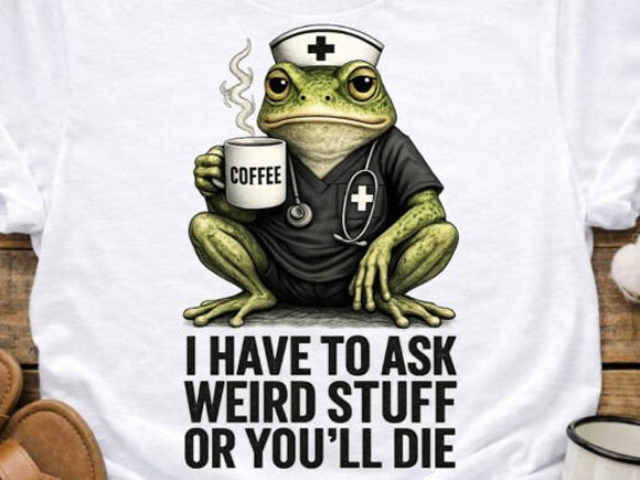 Graphic crewneck graphic tee with frog holding a mug and bold text design