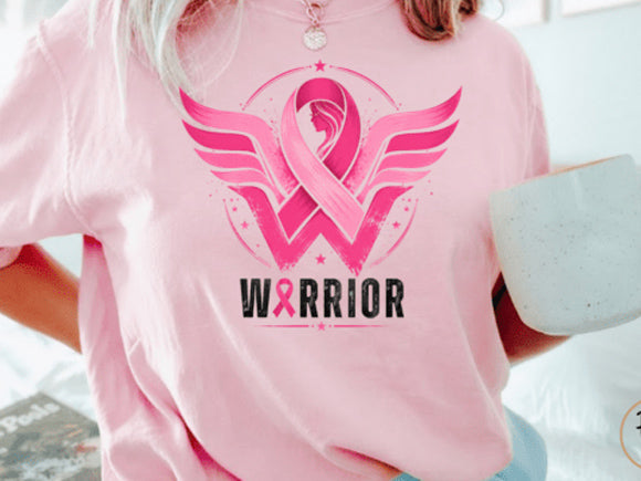 Pink graphic t-shirt with warrior emblem and WARRIOR text on the chest