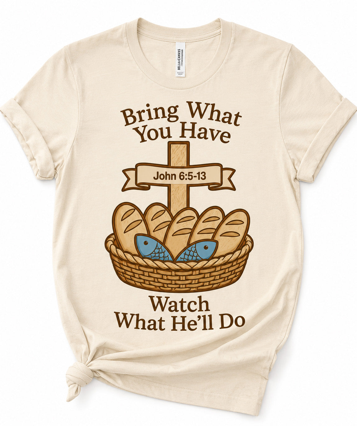 Beige graphic T-shirt with 'Bring What You Have' basket scripture print