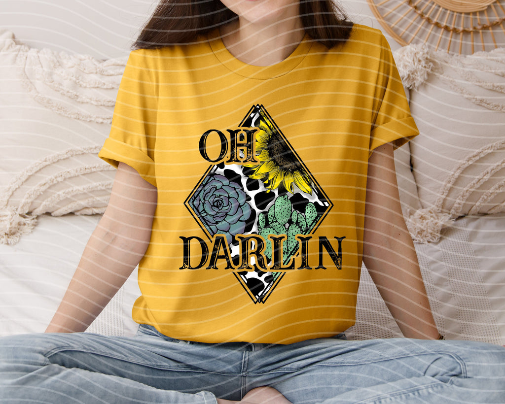 Yellow graphic tee with diamond 'OH DARLIN' logo and rose print