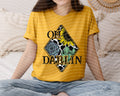 Yellow graphic tee with diamond 'OH DARLIN' logo and rose print
