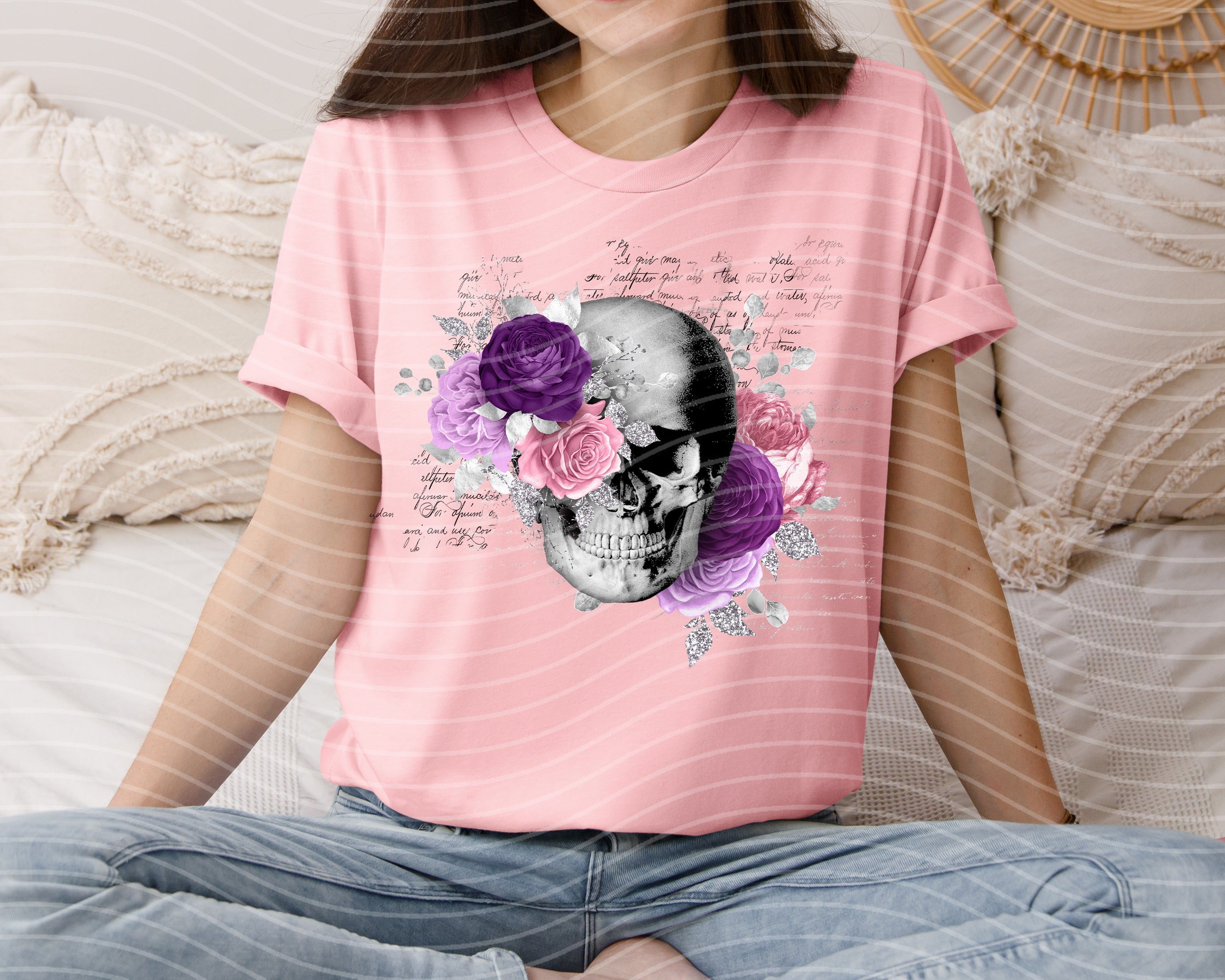 Pink floral skeleton graphic tee with purple rose skull front