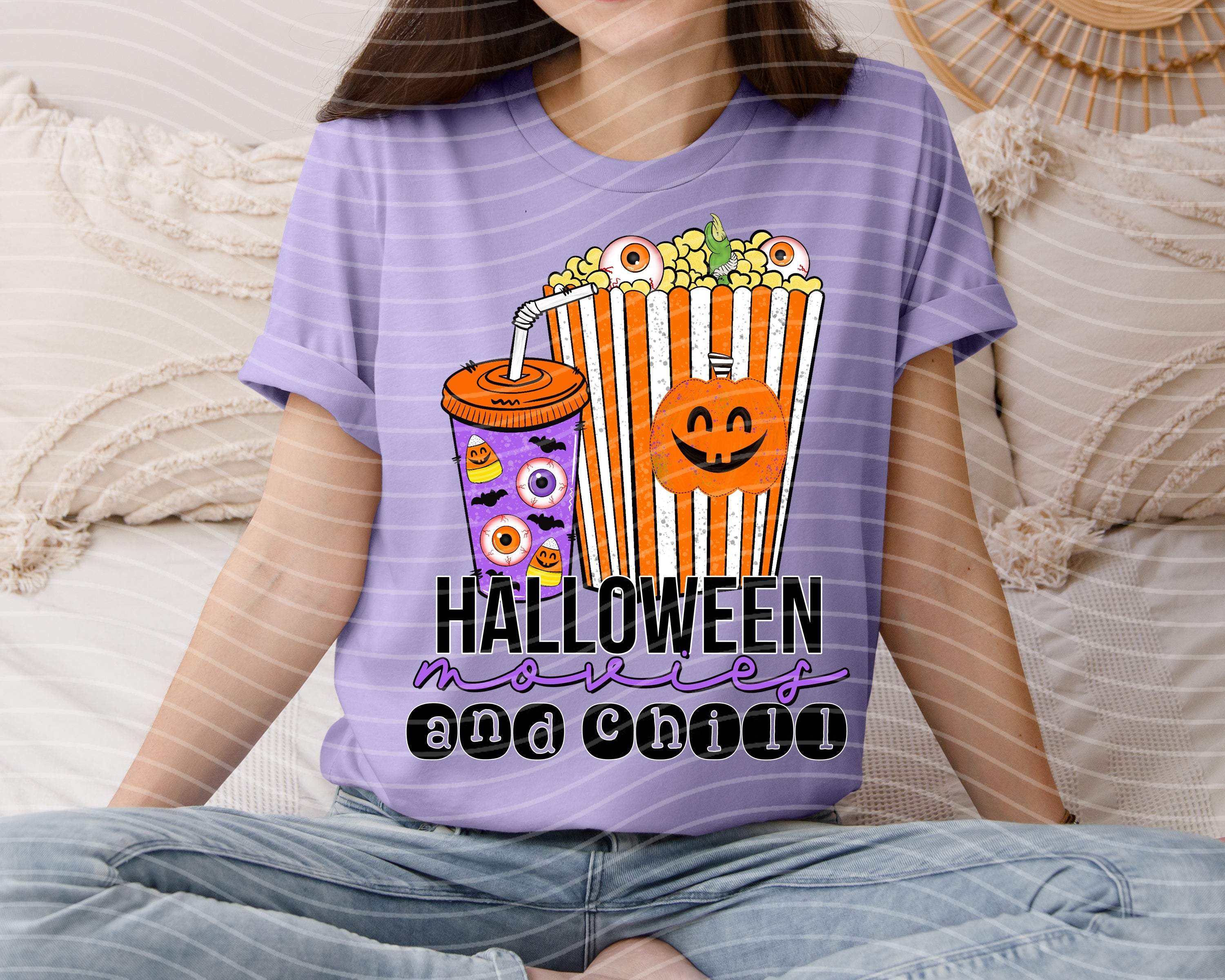 Purple Halloween graphic tee with popcorn, jack-o-lantern, and “Halloween and Chill” text