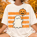 White Halloween graphic tee with orange stripes, ghost and jack-o’-lantern