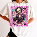 White graphic T-shirt with colorful saw-themed clown girl print