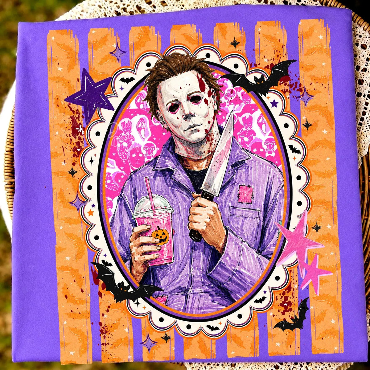 Purple graphic tee with illustrated skeleton clown holding a drink and microphone