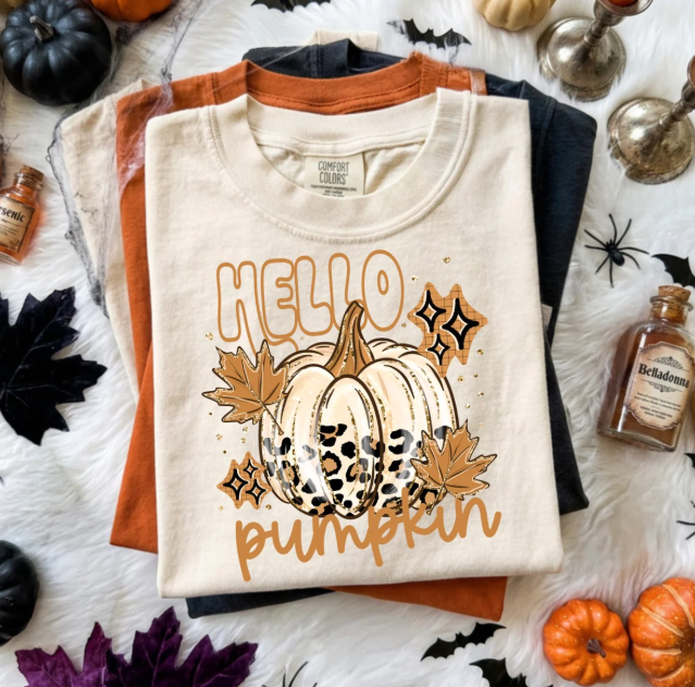 White Hello Pumpkin graphic tee with leopard pumpkin and fall leaf print