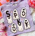 Lilac graphic T-shirt with cute white ghost faces and black spooky accents