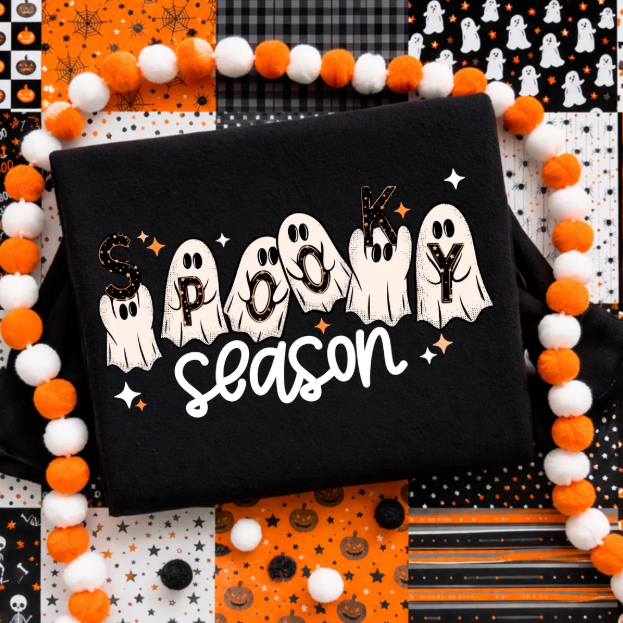 Black graphic tee with ghost and “Spooky season” text print