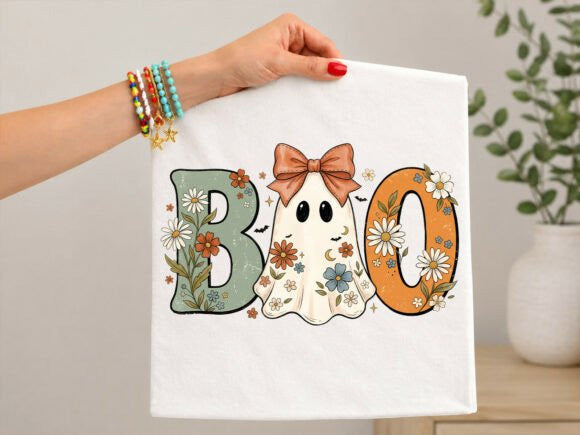 White graphic T-shirt with floral ghost 'BOO' and bow