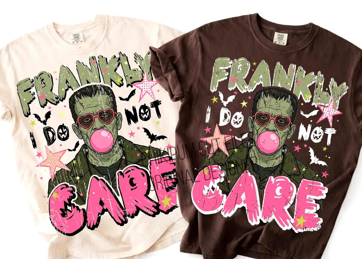 Two graphic T-shirts: white and dark brown, both with “Frankly I Do Not Care” front print