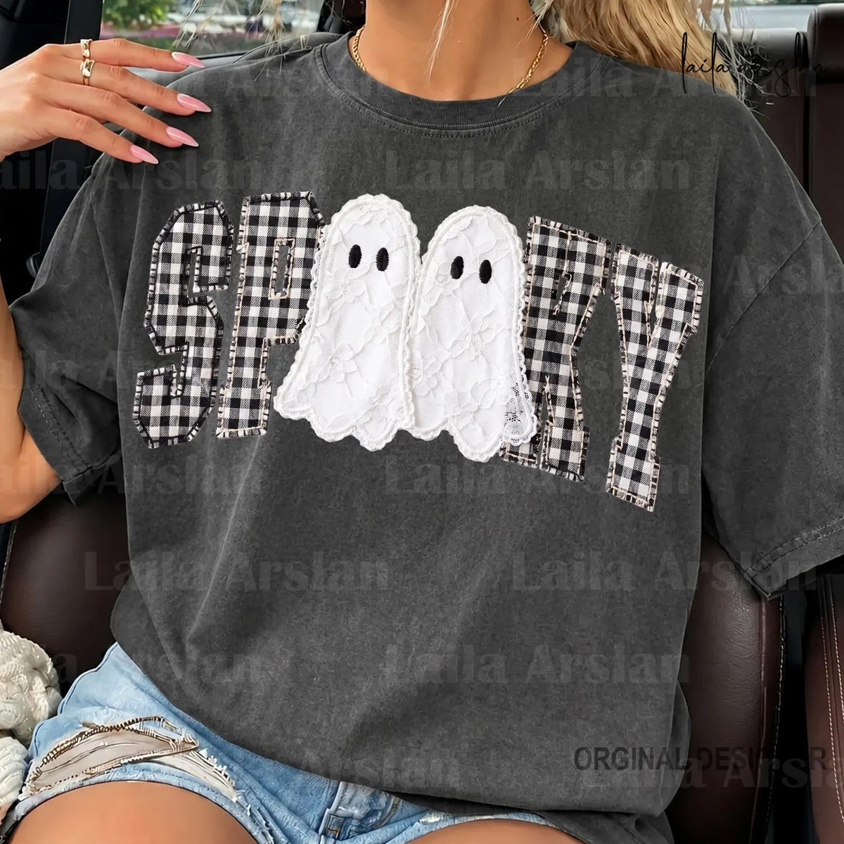 Dark gray graphic tee with two white ghost faces and black-and-white gingham panels
