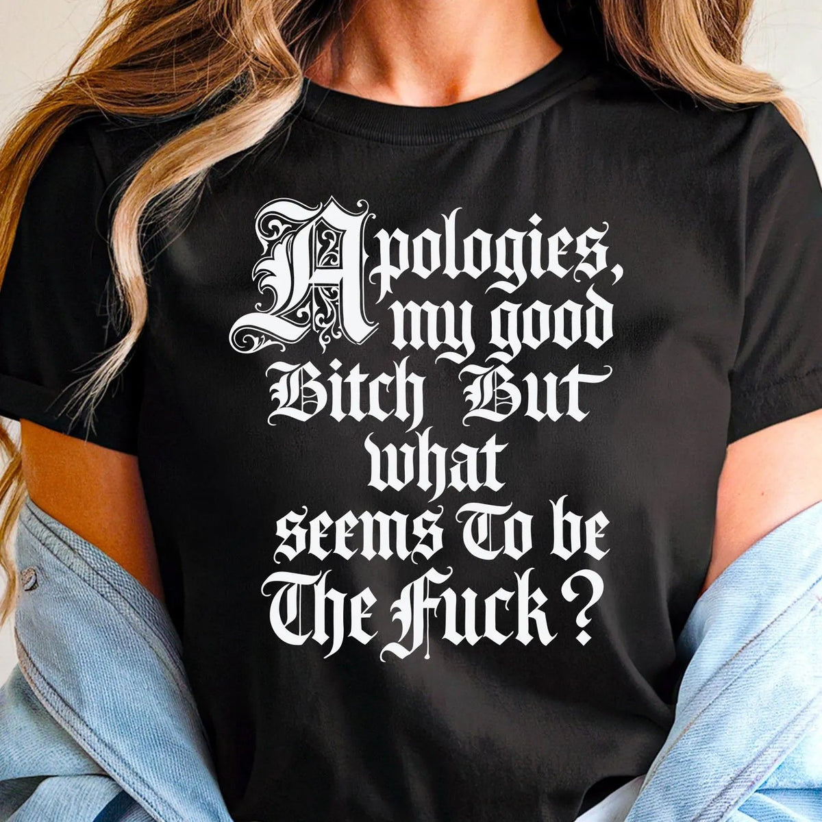 Black graphic tee with large front text Apologies my good