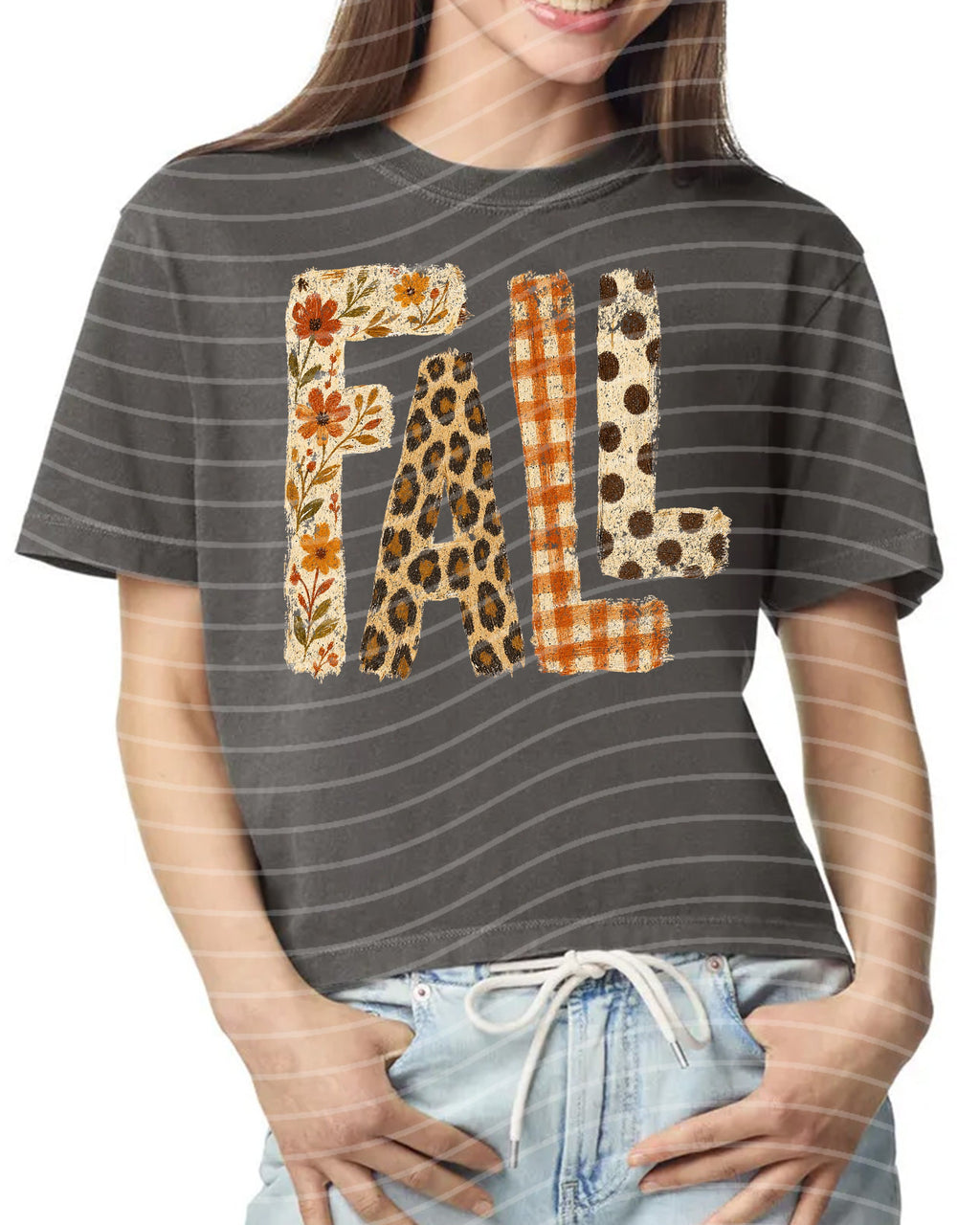 Gray striped fall graphic tee with patchwork 'FALL' letters across front