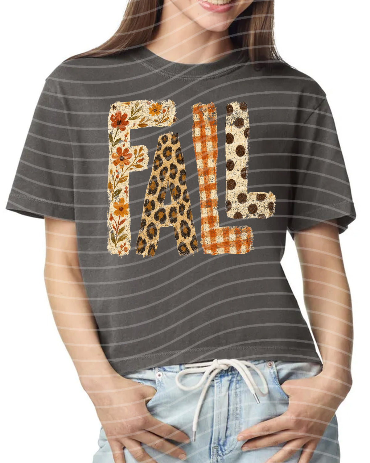 Gray striped fall graphic tee with patchwork 'FALL' letters across front