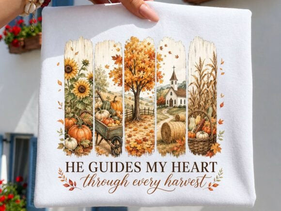 White harvest graphic tee with autumn scene and 'He Guides My Heart Through Every Harvest'