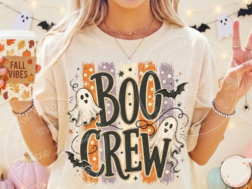 Light cream crew graphic tee with large 'BOO CREW' lettering and ghost prints
