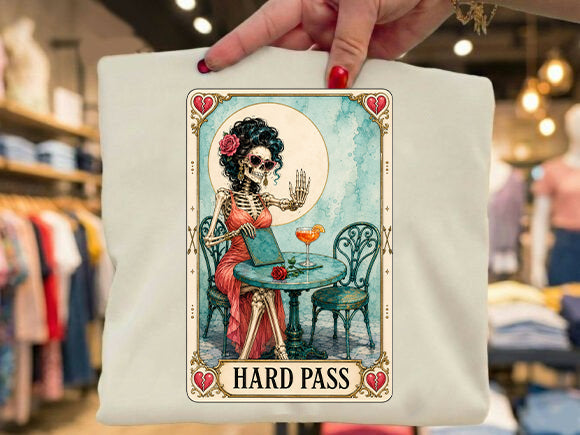 Graphic tee with colorful skeleton holding a drink, 'Hard Pass' heart-framed print