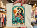 White caffeine queen graphic tee with colorful skeleton woman holding a mug