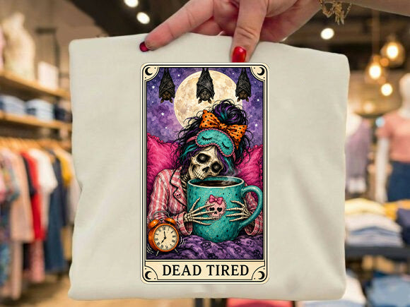 White graphic T-shirt with colorful skull and clock design