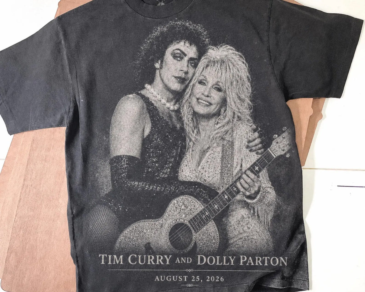 Graphic concert style tee with black-washed photo print of a woman and acoustic guitar