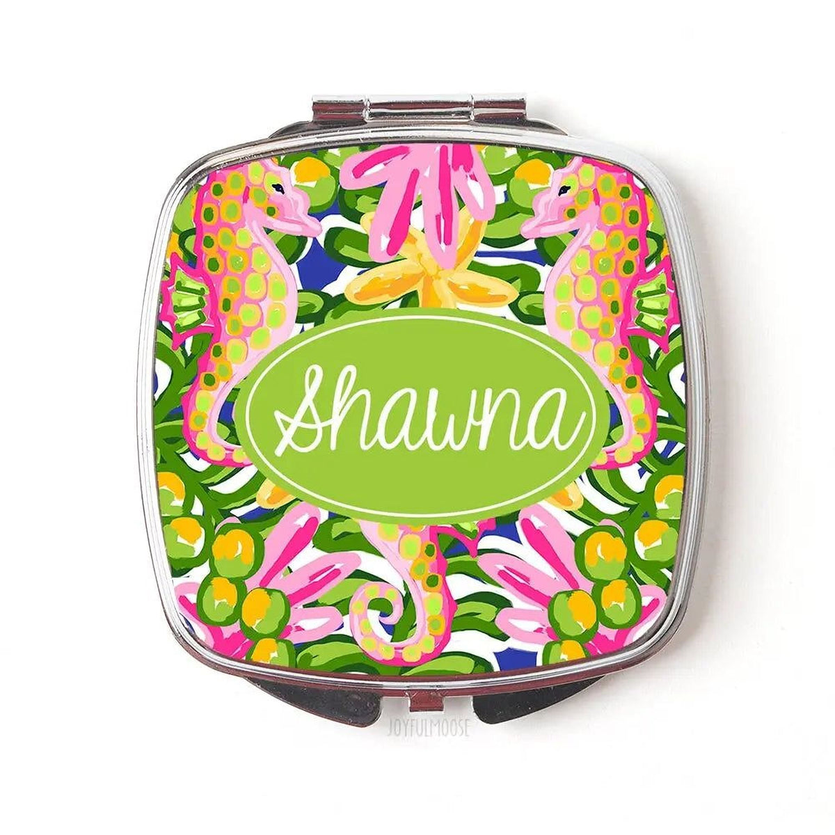 Personalized compact mirror with tropical floral cover and oval “Shaina” label